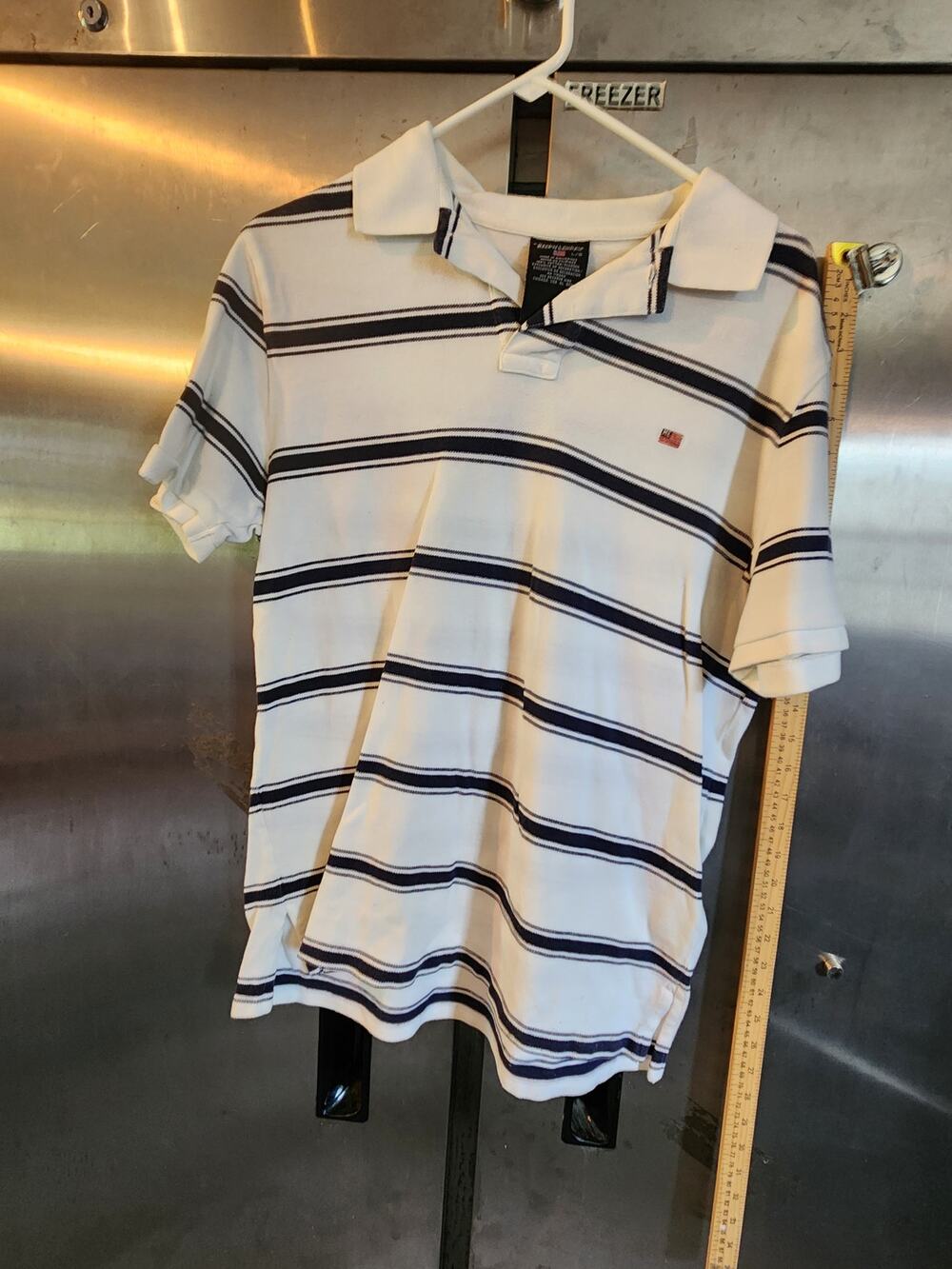 Tommy Hilfiger Mens White Navy Stripe Polo Shirt Short Sleeve Flag Logo L